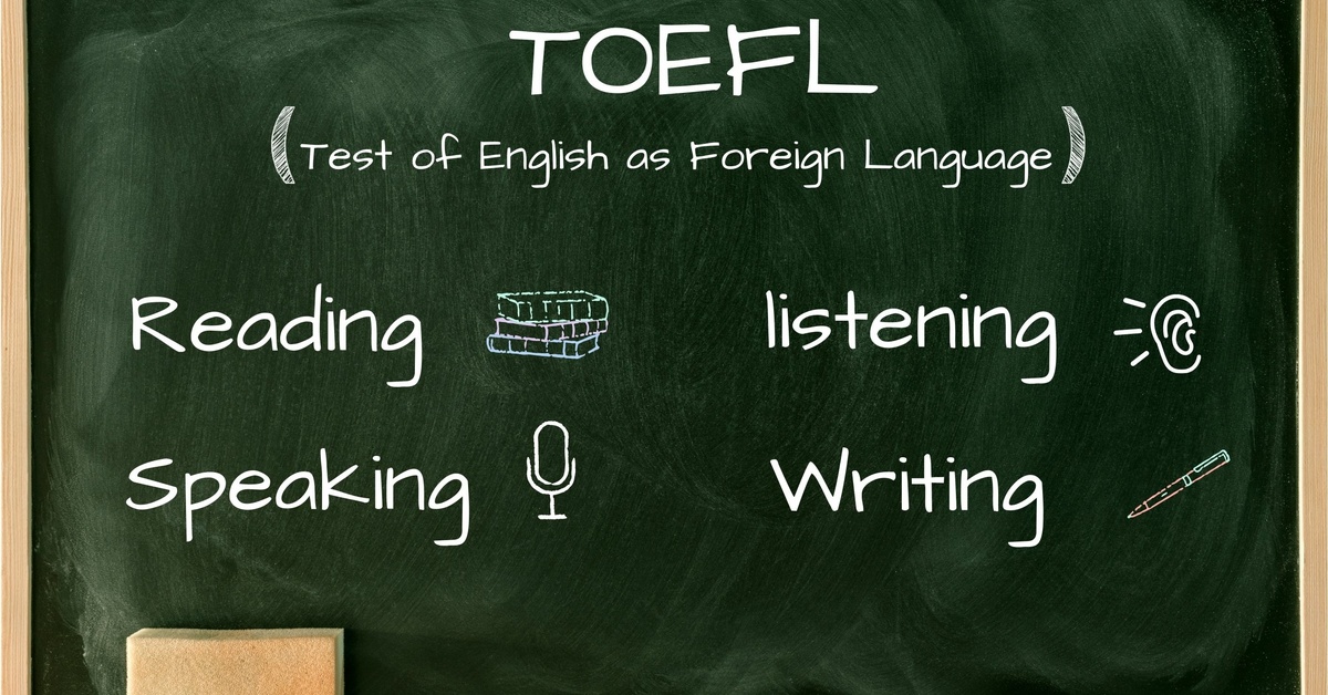 A green chalkboard with "TOEFL" written on it, along with "reading," "speaking," "listening," and "writing."